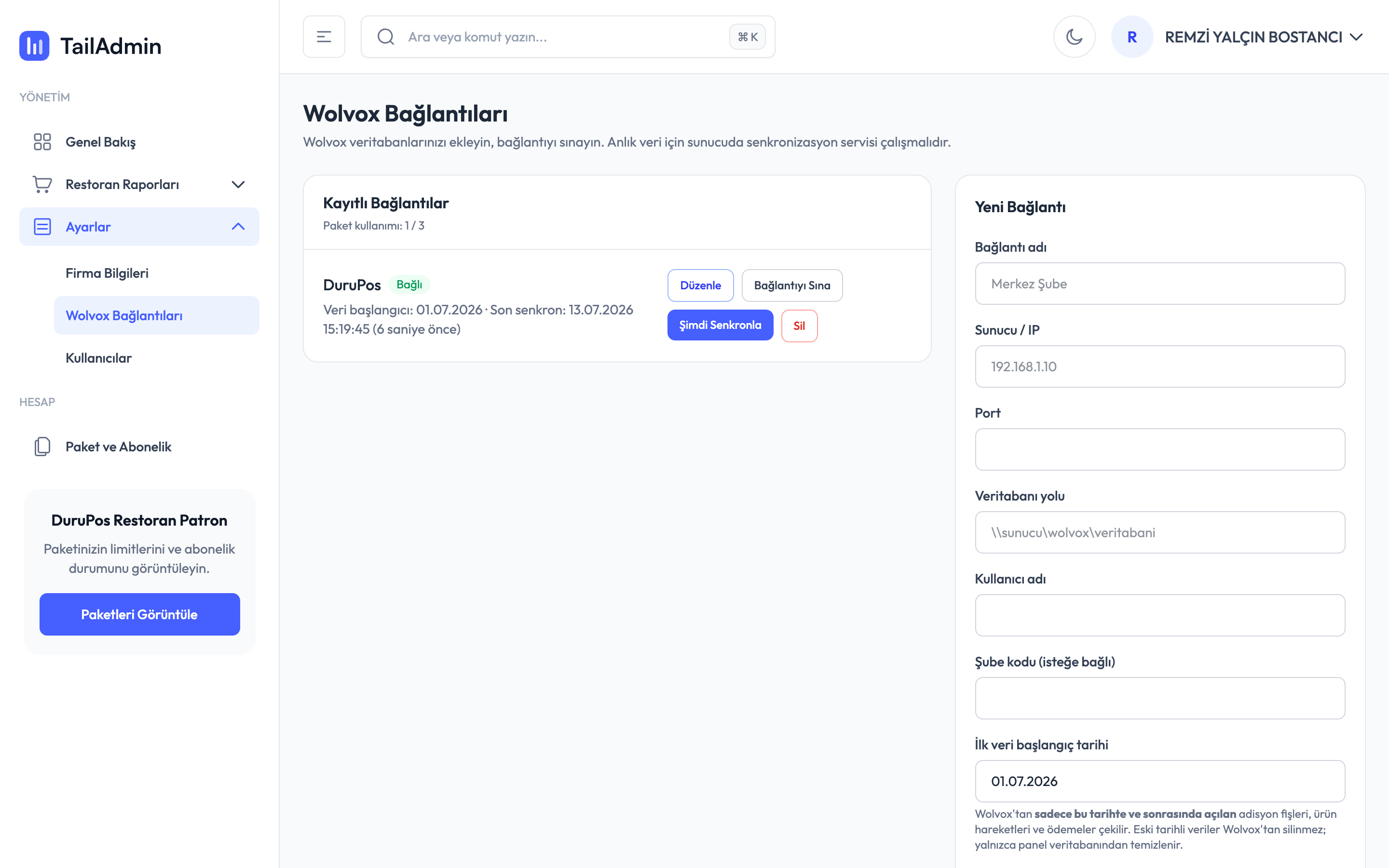 Wolvox Bağlantısı — DuruPos patron paneli